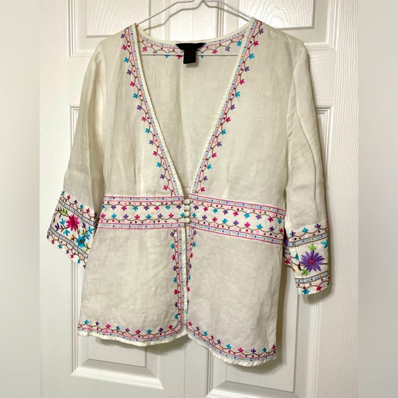SilkLand Tops - SilkLand White and Pink Embellished Blouse with 3/4 Sleeves